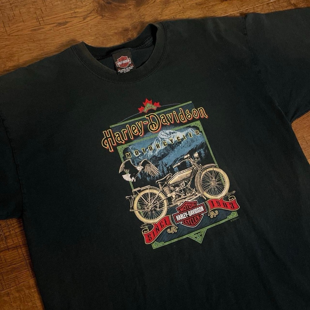 Harley Davidson Graphic Tee Mens XL Black Biker Y2K Nova Scotia Canada Souvenir